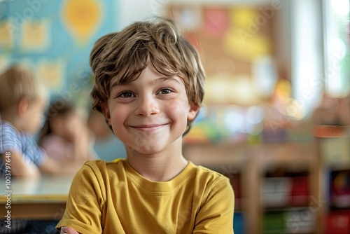 Smiling Young Boy in Classroom.