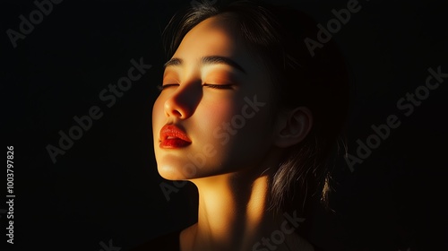 A woman with closed eyes enjoying warm sunlight streaming in on her face during a serene moment in a dimly lit room