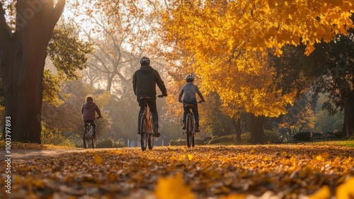 Three Cyclists Riding Through a Golden Autumn Forest