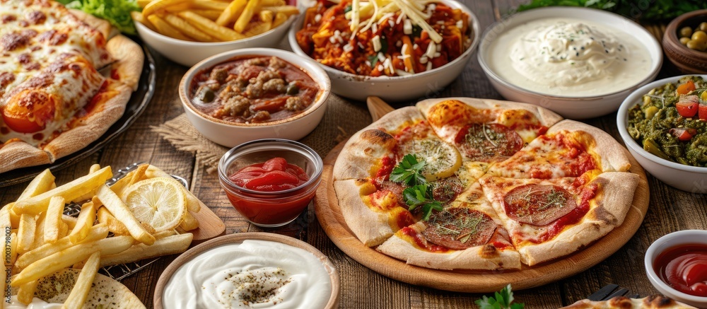 A tabletop spread with a variety of Turkish pizzas and side dishes accompanied by white sauce ketchup and french fries with copy space image A tabletop spread with a variety of Turkish pizzas and side dishes accompanied by white sauce ketchup and french fries with copy space image