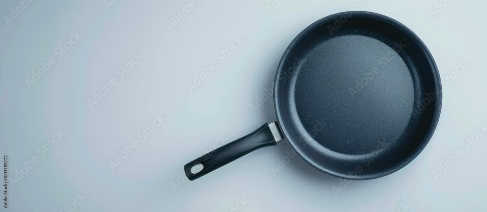 Top down view of a non stick frying pan against a white backdrop with copy space image
