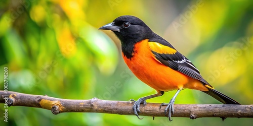 Long Shot of a Montserrat oriole (Icterus oberi) perched on a tree branch photo