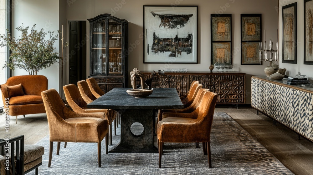 Fototapeta premium An elegant eclectic dining area featuring a mix of modern chairs