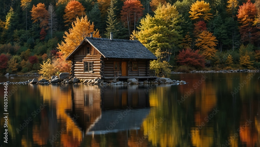 An idyllic log cabin by the lakeshore, mirrored in still waters and surrounded by autumn foliage. An idyllic log cabin by the lakeshore, mirrored in still waters and surrounded by autumn foliage.