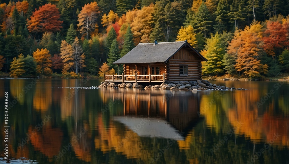 An idyllic log cabin sits by a lake, perfectly mirrored in calm waters, surrounded by autumn foliage for a peaceful retreat. An idyllic log cabin sits by a lake, perfectly mirrored in calm waters, surrounded by autumn foliage for a peaceful retreat.