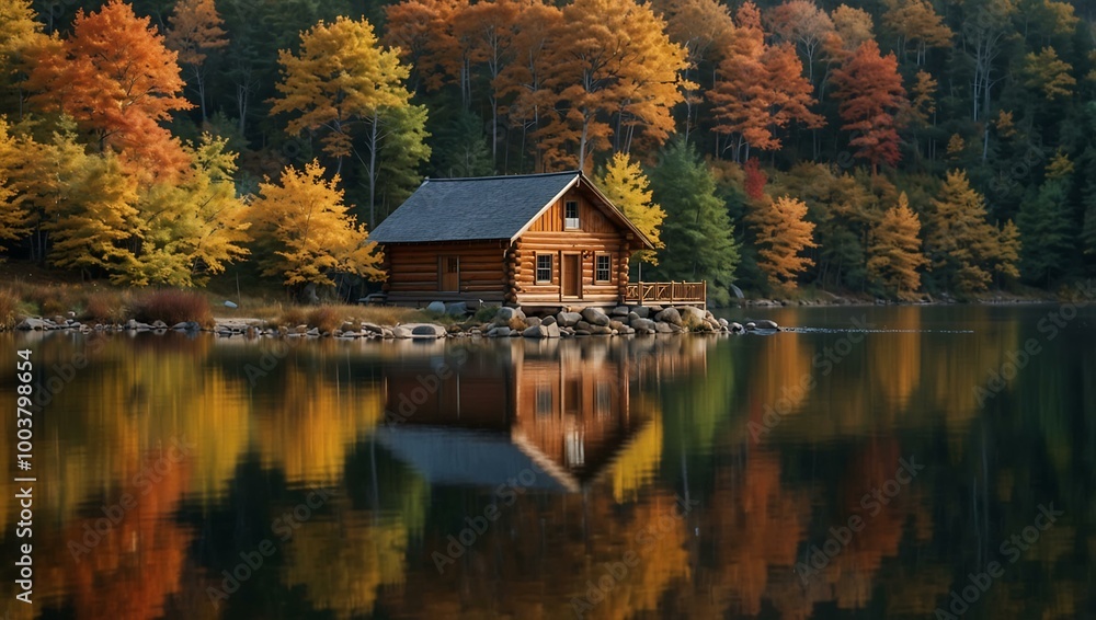 An idyllic log cabin sits by a lake, perfectly mirrored in calm waters, surrounded by autumn foliage for a peaceful retreat. An idyllic log cabin sits by a lake, perfectly mirrored in calm waters, surrounded by autumn foliage for a peaceful retreat.