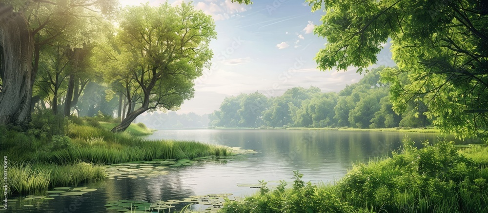 A scenic summer day landscape with a lush green forest trees and grass by a river offering a beautiful view with copy space image A scenic summer day landscape with a lush green forest trees and grass by a river offering a beautiful view with copy space image