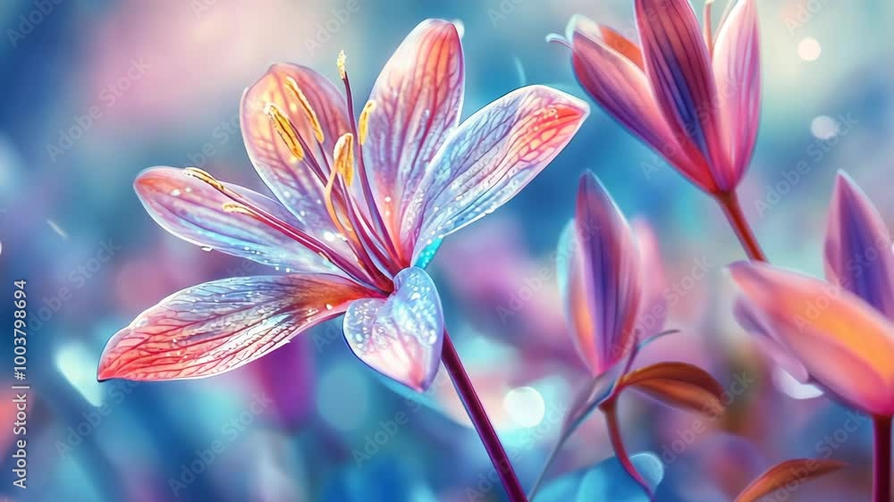 A delicate pink lily with dew drops stands out against a colorful background A delicate pink lily with dew drops stands out against a colorful background