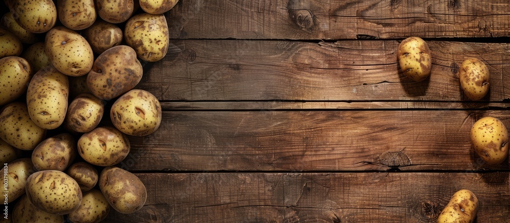 Organic young potatoes freshly harvested placed on a wooden backdrop in an agricultural setting Veggie friendly with a spacious area for text ideal for a copyspace image Organic young potatoes freshly harvested placed on a wooden backdrop in an agricultural setting Veggie friendly with a spacious area for text ideal for a copyspace image