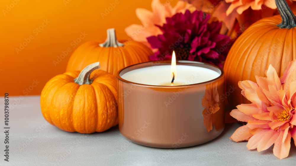 Cozy autumn arrangement with candles, pumpkins, and colorful flowers on a soft surface Cozy autumn arrangement with candles, pumpkins, and colorful flowers on a soft surface