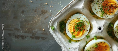 A box set of boiled eggs paired with riceberry for a nutritious on the go meal with a copy space image photo