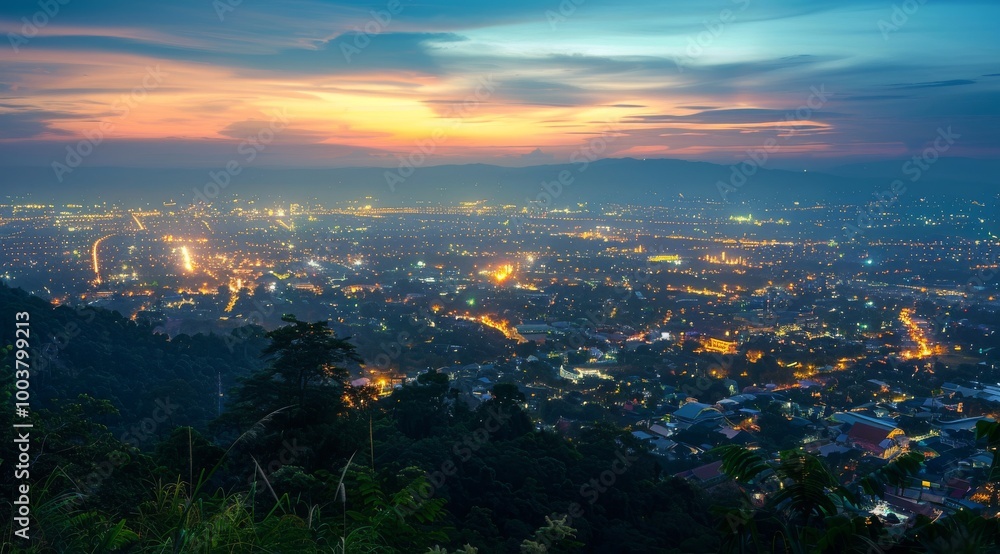 Obraz premium Chiang Mai city at night from a mountain top, with beautiful lights and a wide angle. Busy city with distant street lights and chinese industry.
