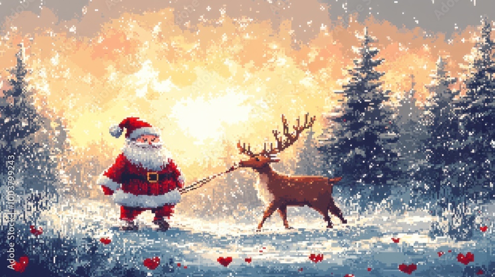 Santa Claus pulled by reindeer, white backdrop, red Scandinavian hearts and trees, knit texture pixel effect, cute and seamless layout. Santa Claus pulled by reindeer, white backdrop, red Scandinavian hearts and trees, knit texture pixel effect, cute and seamless layout.
