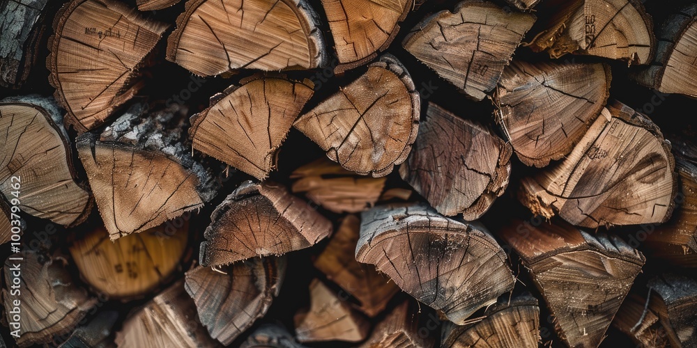 Fototapeta premium Detailed view of arranged firewood showcasing organic wood grain textures.