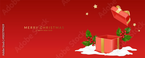 Christmas and New Year greeting card with open gift box.