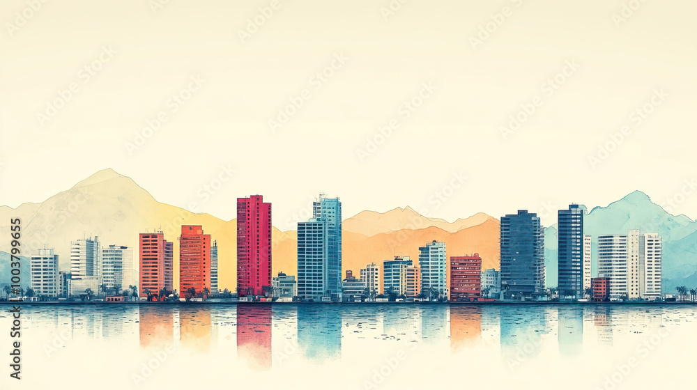 Obraz premium Iquique, Chile, color pen pencil hand-drawn effect drawing illustration for travel poster, card, wallpaper, backdrop or banner. Modern, clear, artistic and simple