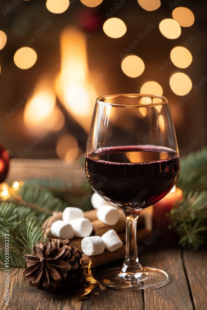A red wine glass on a wooden table, beside a pine cone and a Christmas decoration A red wine glass on a wooden table, beside a pine cone and a Christmas decoration