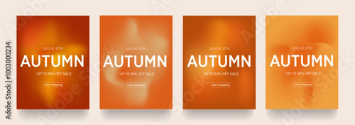 Autumn Gradient Design. Set Fluid Texture with Brown, Orange, Red Colors. Background Retro Art for Advertising, Web, Social Media, Poster, Banner, Cover. Sale offer 50%. Vector Illustration