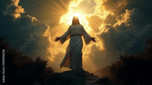Jesus Christ ascending to heaven with light rays sky and clouds. Second Coming concept.
