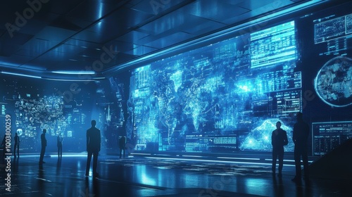 Futuristic Technology Control Room with Interactive Holographic Displays