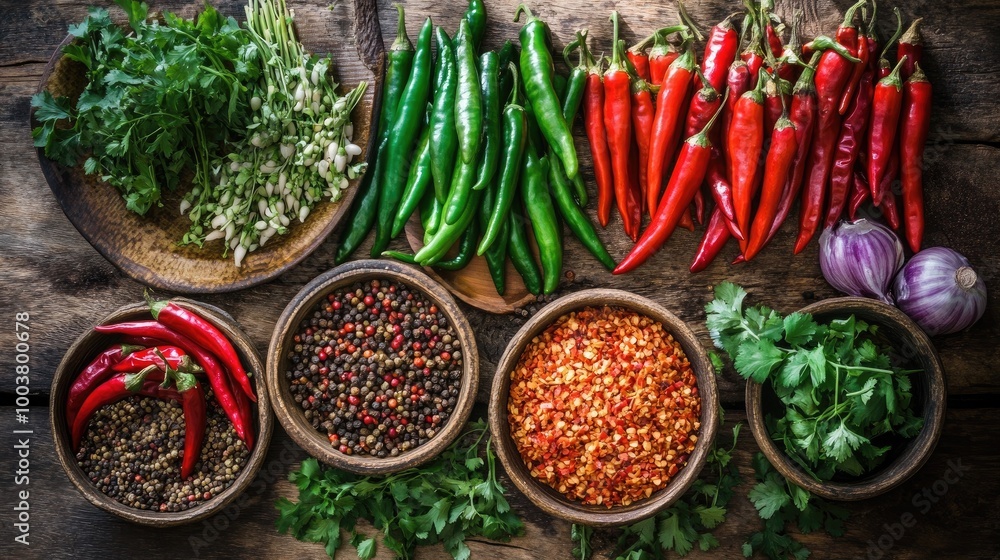Fresh Vegetables and Spices on Wooden Table Fresh Vegetables and Spices on Wooden Table