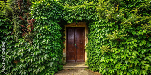 beautiful doorway partially hidden behind thick green foliage creates serene and inviting atmosphere. lush greenery adds touch of nature, enhancing charm of entrance