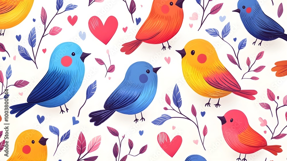 Adorable cartoon birds with exaggerated features, interwoven with hearts and leafy vines, creating a fun, colorful pattern on white Adorable cartoon birds with exaggerated features, interwoven with hearts and leafy vines, creating a fun, colorful pattern on white