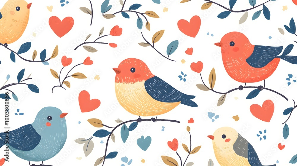 Adorable cartoon birds with exaggerated features, interwoven with hearts and leafy vines, creating a fun, colorful pattern on white Adorable cartoon birds with exaggerated features, interwoven with hearts and leafy vines, creating a fun, colorful pattern on white