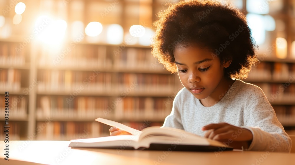 Young Black Student Reading in a Library Setting Young Black Student Reading in a Library Setting