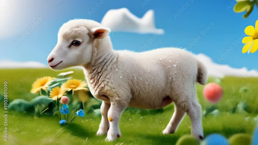 A playful lamb frolicking in a vibrant meadow filled with flowers on a sunny day A playful lamb frolicking in a vibrant meadow filled with flowers on a sunny day