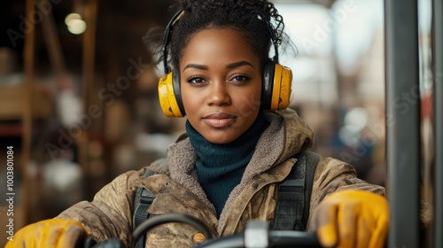 Confident Female Forklift Operator in Action