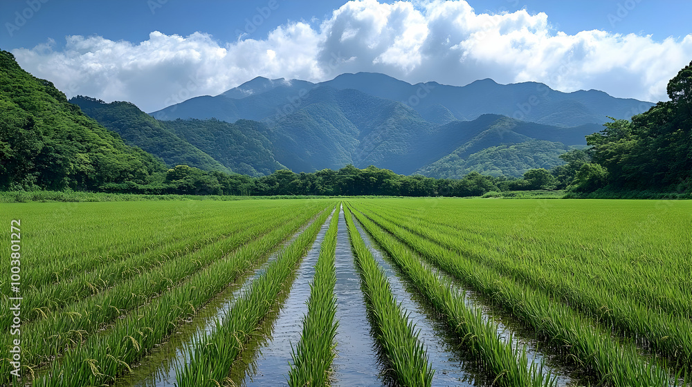 Rice Paddy Field With Mountain View: Tranquil Nature Scene Rice Paddy Field With Mountain View: Tranquil Nature Scene
