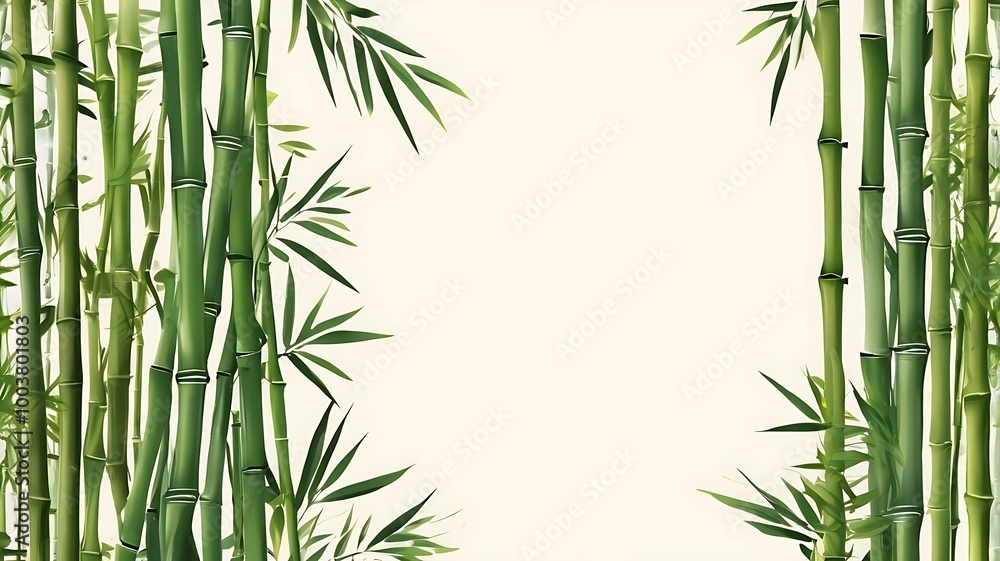 Bamboo Garden Forest Background, Natural Scenery and Environment View. Green bamboo frame with stems and leaves on white Bamboo Garden Forest Background, Natural Scenery and Environment View. Green bamboo frame with stems and leaves on white