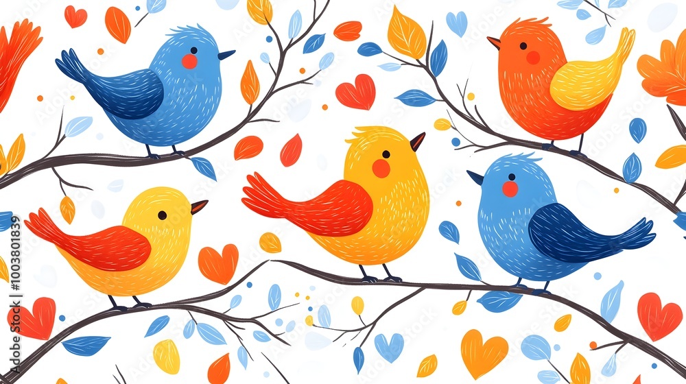Bright cartoon birds with quirky expressions, nestled among colorful hearts and leafy branches, forming a fun, lighthearted pattern on white Bright cartoon birds with quirky expressions, nestled among colorful hearts and leafy branches, forming a fun, lighthearted pattern on white