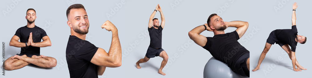 A man demonstrates a series of yoga and fitness poses, showcasing flexibility and strength. He is in a well-lit studio with a neutral background, focusing on his movements and posture. A man demonstrates a series of yoga and fitness poses, showcasing flexibility and strength. He is in a well-lit studio with a neutral background, focusing on his movements and posture.