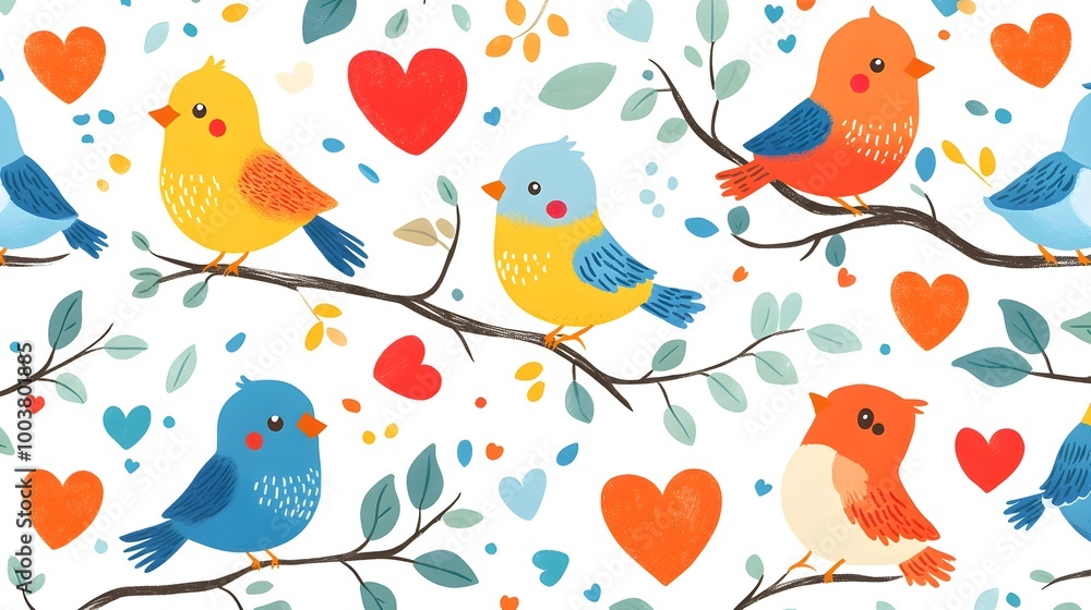 Fototapeta premium Bright cartoon birds with quirky expressions, nestled among colorful hearts and leafy branches, forming a fun, lighthearted pattern on white