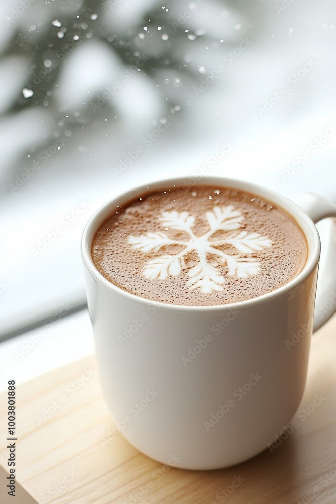 A steaming hot chocolate in a cup, topped with a delicate snowflake, sits before a window A steaming hot chocolate in a cup, topped with a delicate snowflake, sits before a window