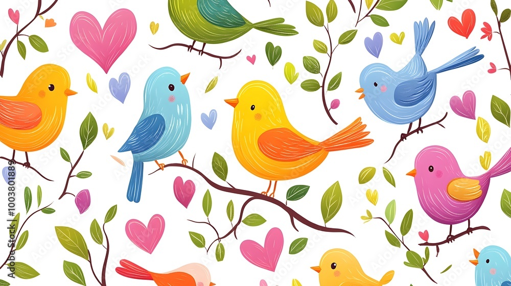 Fototapeta premium Bright cartoon birds with quirky expressions, nestled among colorful hearts and leafy branches, forming a fun, lighthearted pattern on white