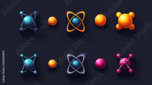 Flat Design Atom Icon Set Featuring Gray Molecule Symbols with Bright Colors and Ultra-Realistic Detailing for Science and Technology Concepts photo