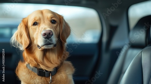 A golden retriever sitting in a car, looking curiously at the camera.