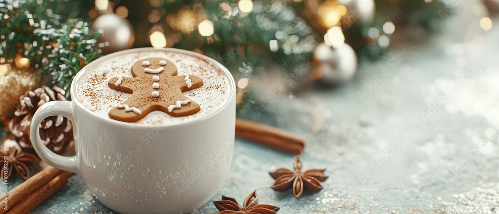 A cup of hot chocolate topped with a decorative ginger, surrounded by cinnamon sticks and a star anise A cup of hot chocolate topped with a decorative ginger, surrounded by cinnamon sticks and a star anise