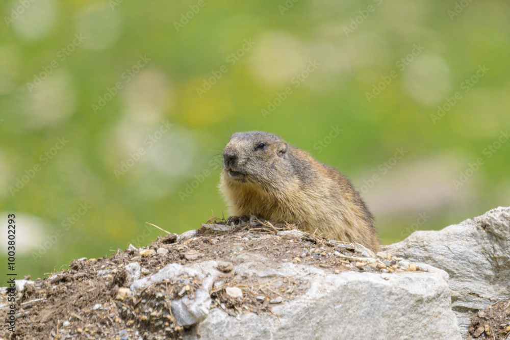 An alpine marmot sitting on a rock on a sunny day in summer An alpine marmot sitting on a rock on a sunny day in summer