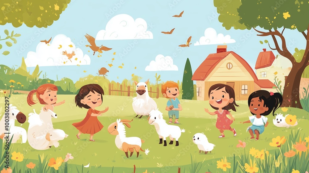 Obraz premium Children playing joyfully with cute farm animals in a sunny, vibrant countryside setting during a cheerful spring day
