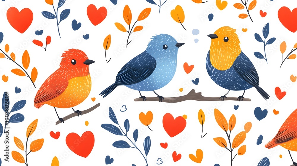 Obraz premium Charming cartoon birds with hearts and leaves in a colorful pattern, white background, dynamic and lively composition