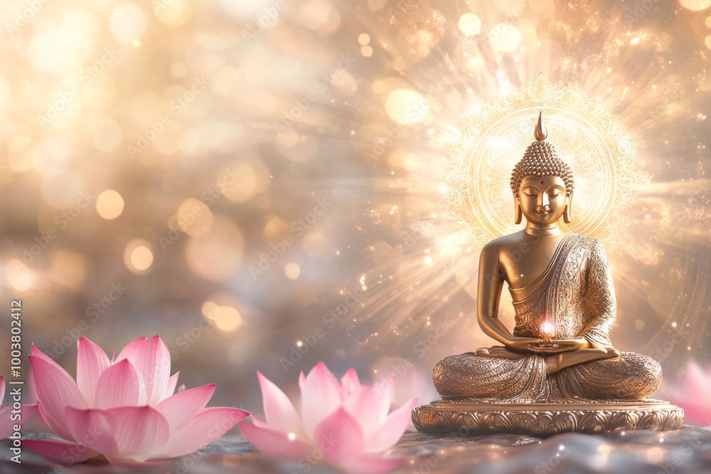 Serene golden Buddha statue surrounded by blooming lotus flowers in a tranquil setting Serene golden Buddha statue surrounded by blooming lotus flowers in a tranquil setting