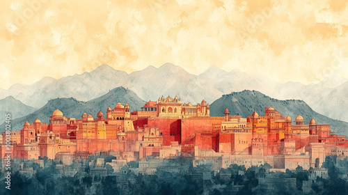 Jaipur, India, color pen pencil hand-drawn effect drawing illustration for travel poster, card, wallpaper, backdrop or banner. Modern, clear, artistic and simple