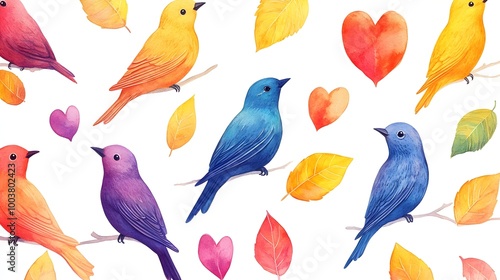 Cartoon birds in rainbow hues chirp among heart-shaped leaves, creating a dynamic and joyful pattern on a white background, full of energy photo