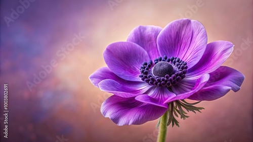 A vibrant purple anemone flower stands against a dusty pink background captured from a low angle, nature, vibrant colors,purple flower, vibrant, anemone, delicate, spring