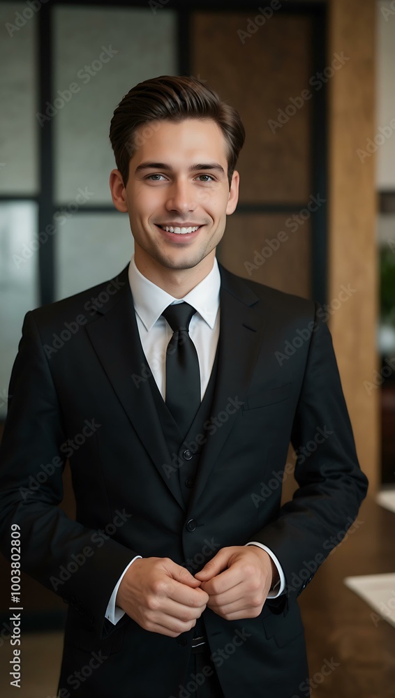 Attractive employee in a formal black suit and tie at work. Attractive employee in a formal black suit and tie at work.