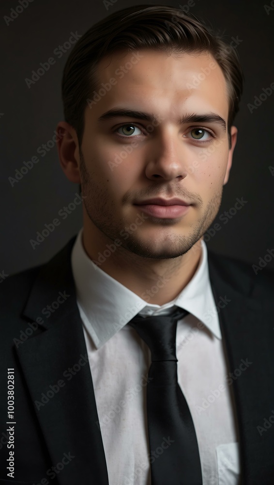 Attractive employee in a formal black suit and tie at work. Attractive employee in a formal black suit and tie at work.